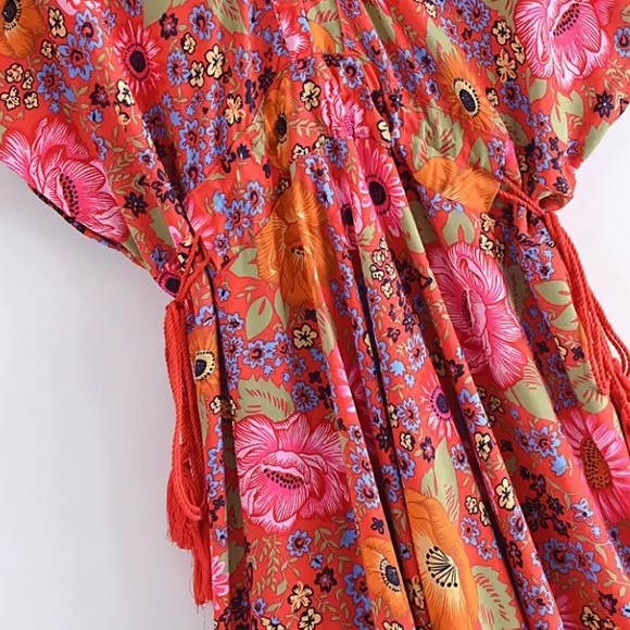 Red Lovebird Boho Floral Flare Maxi Dress W/Empire Waist Tassels&Batwing Sleeves - Picture 11 of 15